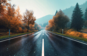 Fototapeta premium full view of an open road in the rain