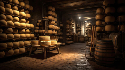 An assortment of flavorful cheese wheels maturing in a cheese factory. Generative AI