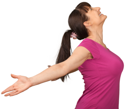 Woman spreading arms and pushing chest out