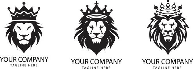 Set of lion heads with crown logo isolated on white background © artful