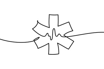 Star of Life medical sign in continuous line art drawing style. Emergency medical services symbol black outline isolated on white background. Vector illustration