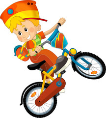 cartoon scene with little boy riding on a bicycle for fun isolated illustation for children