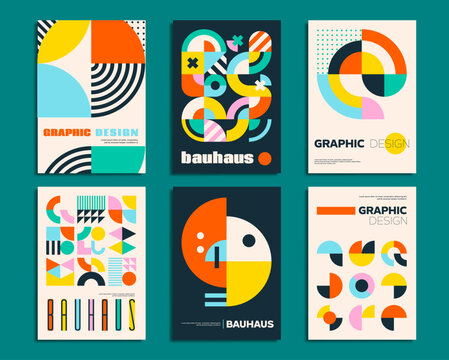 Bauhaus posters with geometric abstract patterns. Business presentation abstract ornament background, corporate identity flyers or posters vector templates with Bauhaus artwork geometrical shapes
