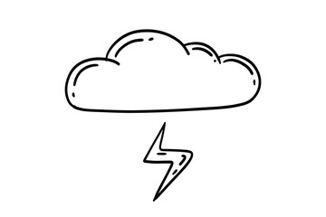 Hand Drawn Lightning Cloud Design Element. Isolated on White Background. Winter Cloud with Lightning Icons in Doodle Puffy Style Weather. Outline Style Rainy Cloud. Forecast Weather symbol of cloud.