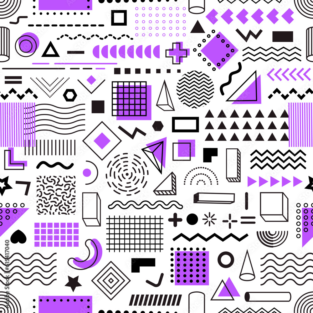 Poster memphis geometric line shapes seamless pattern. fabric minimalistic print with memphis shapes, funky