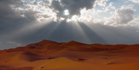 Naklejka na ściany i meble Sand dunes in the Sahara Desert, Merzouga, Morocco - Orange dunes in the desert of Morocco - Sahara desert, Morocco