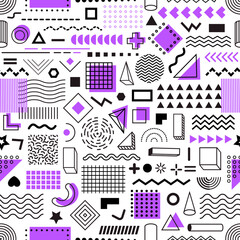 Memphis geometric line shapes seamless pattern. Fabric minimalistic print with Memphis shapes, funky geometric doodles vector wallpaper. Textile seamless background with colorful geometric pattern