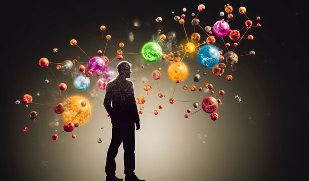 Captivating silhouette of a physicist analyzing a vibrant atomic model, skillfully crafted in shadow puppetry style with focus on science and minimalism. Generative AI