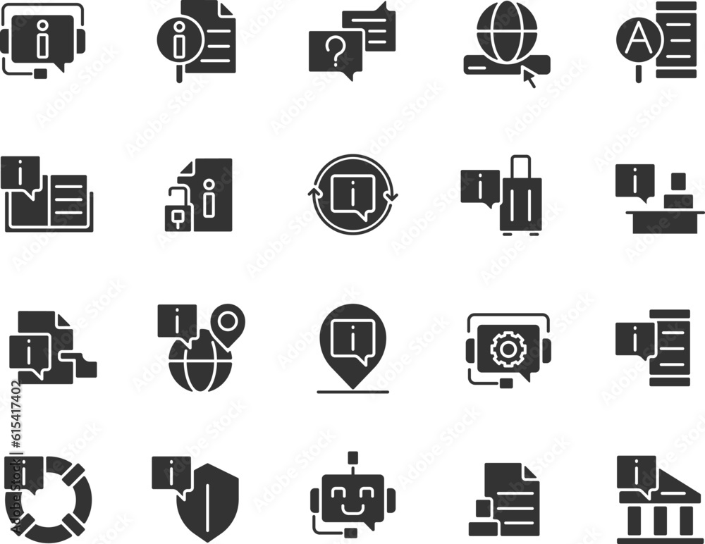Poster faq black glyph icons set on white space. full list of answers and questions. information base for w
