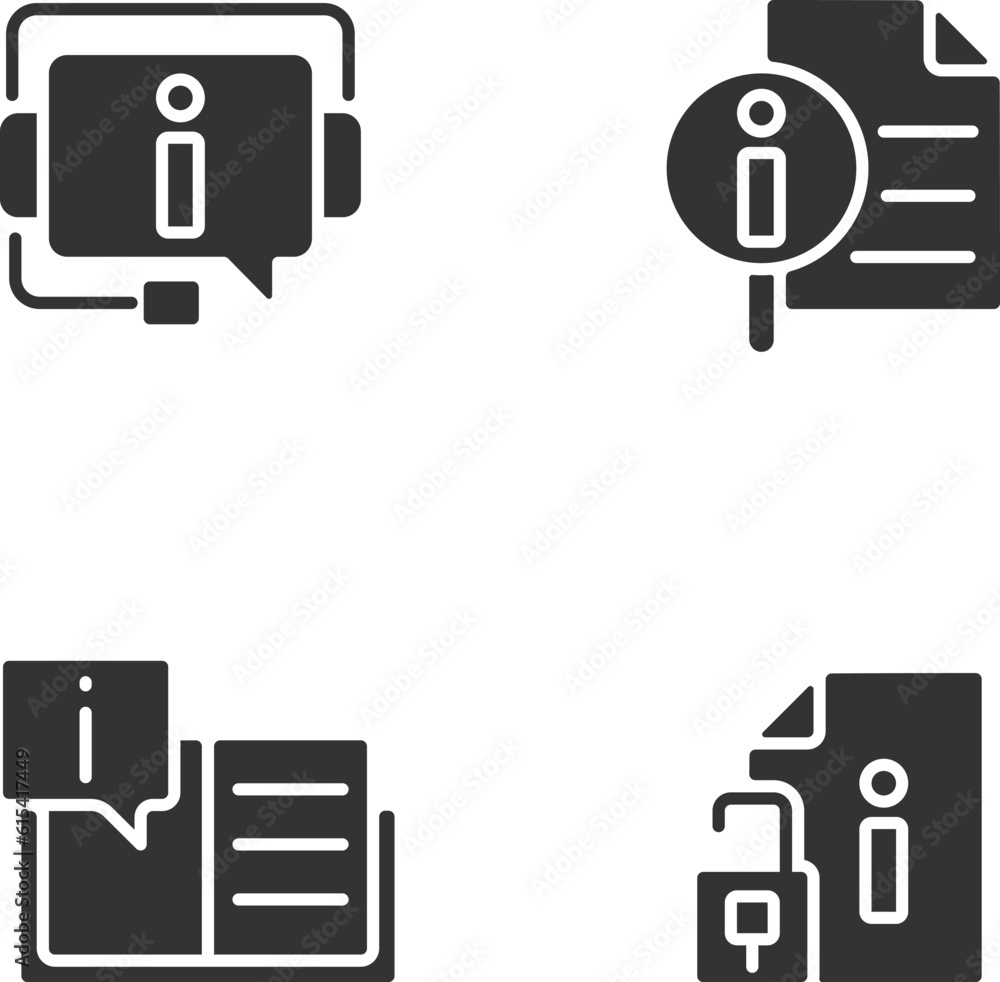 Aufkleber client information support black glyph icons set on white space. open list of typically answers. dig