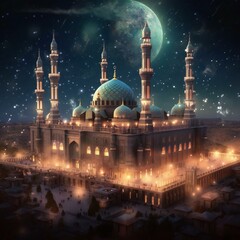 Beautiful Night Scene of Ramadan Kareem Mosque Eid Al Adha city. Generative AI.