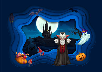 Halloween cartoon vampire paper cut poster. Vector 3d design with scary characters dracula, ghosts and creepy bats, holiday scary monsters. Pumpkin, sweets, amanita and old castle at night cemetery