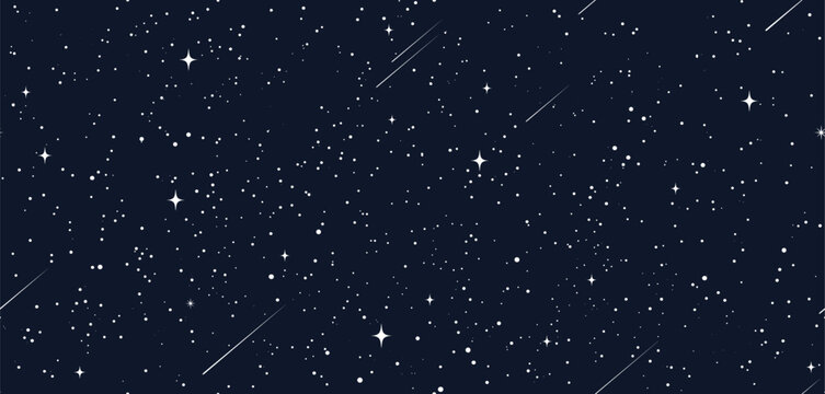 Starry space seamless pattern with sky stars in night galaxy, vector background. Space universe or dark black cosmos pattern with constellation, falling meteorites, comets and twinkling stars light