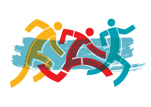 Running race, marathon, jogging, three runners.
Abstract stylized colorful illustration of running race. Vector available.