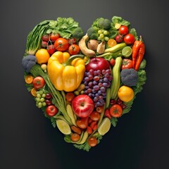 Illustration of a heart-shaped display of colorful fruits and vegetables created with Generative AI technology