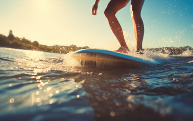 A man surfing surfboard on the sea at the sunset sky