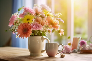 Floral bouquet in the teapot. Super photo realistic background. Generative ai illustration