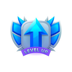 Game level up badge and win icon, UI badge with arrow and wings, vector award. Game UX icon or asset of medal prize for next level achievement, cartoon trophy badge of blue crystal for gamer ranking