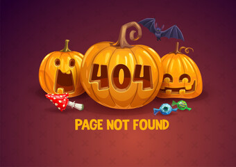 Page 404 halloween, cartoon vector design of website error or broken internet connection with comic laughing pumpkins, sweets, amanita mushroom and flying bats. Page not found or program mistake