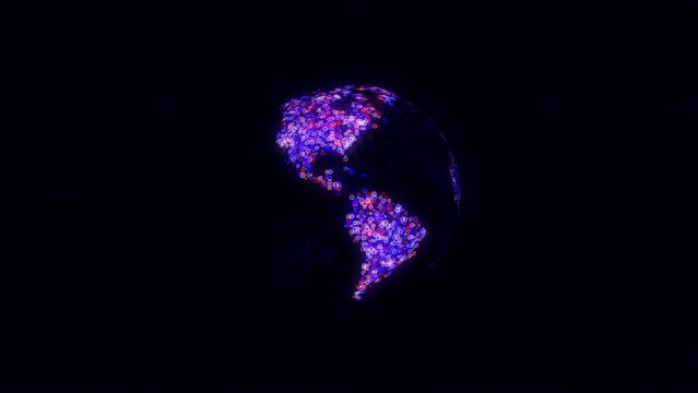 Animation of spinning globe of the Earth planet from particulars on dark background, 4K seamless loop earth globe animation