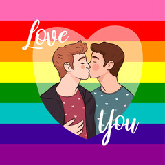 Vector two men gay kisses, LGBT love couple concept,hand drawn pride month flat illustration. Pride month. Valentines day cards template. Man kiss lgbt flag pride month