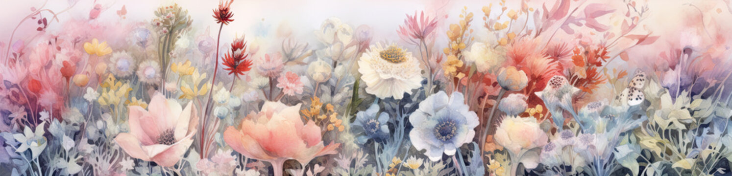 A panaroma fantasy landscape full with flowers.