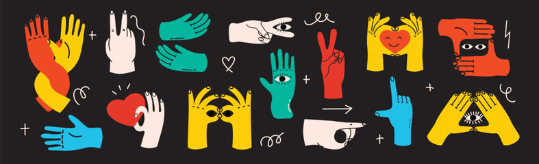 Groovy hippie set of colorful hands with different gestures. Hands with heart, eyes, together hands and etc. Hand drawn vector illustration.