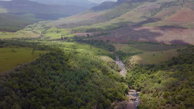 South Africa aerial drone Lisbon Berlin Falls waterfalls Sabie cinematic Kruger National Park partially cloudy lush spring summer green stunning river landscape bush slowly forward movement