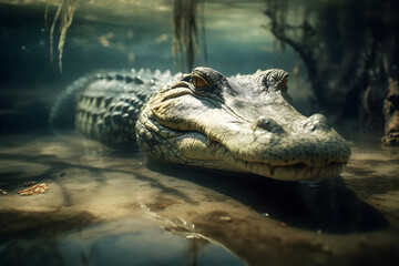 Obraz premium The Mighty Caiman in Freshwater Habitats. Generative AI