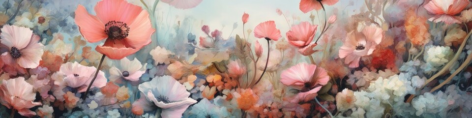 Obraz na płótnie Canvas A panaroma fantasy landscape full with flowers.