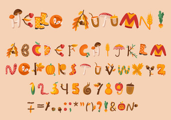 Cartoon fall autumn thanksgiving font, type or alphabet. Vector abc typography and signs set. Tree leaves, sweater, worm, umbrella, apple and mushroom, acorn, sock and pumpkin cute letters, numbers