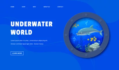 Keuken spatwand met foto Landing page porthole with dolphin and underwater landscape invites the user to explore a marine adventure, showcasing the beauty of the ocean and the playfulness of the dolphins. Vector web banner © Vector Tradition