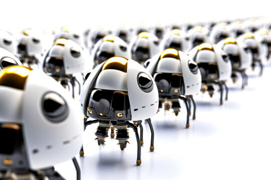 Captivating panorama of futuristic nanorobots hovering in organized formation, casting striking shadows on pristine white background &ndash; symbolizing innovation in robotics. Generative AI