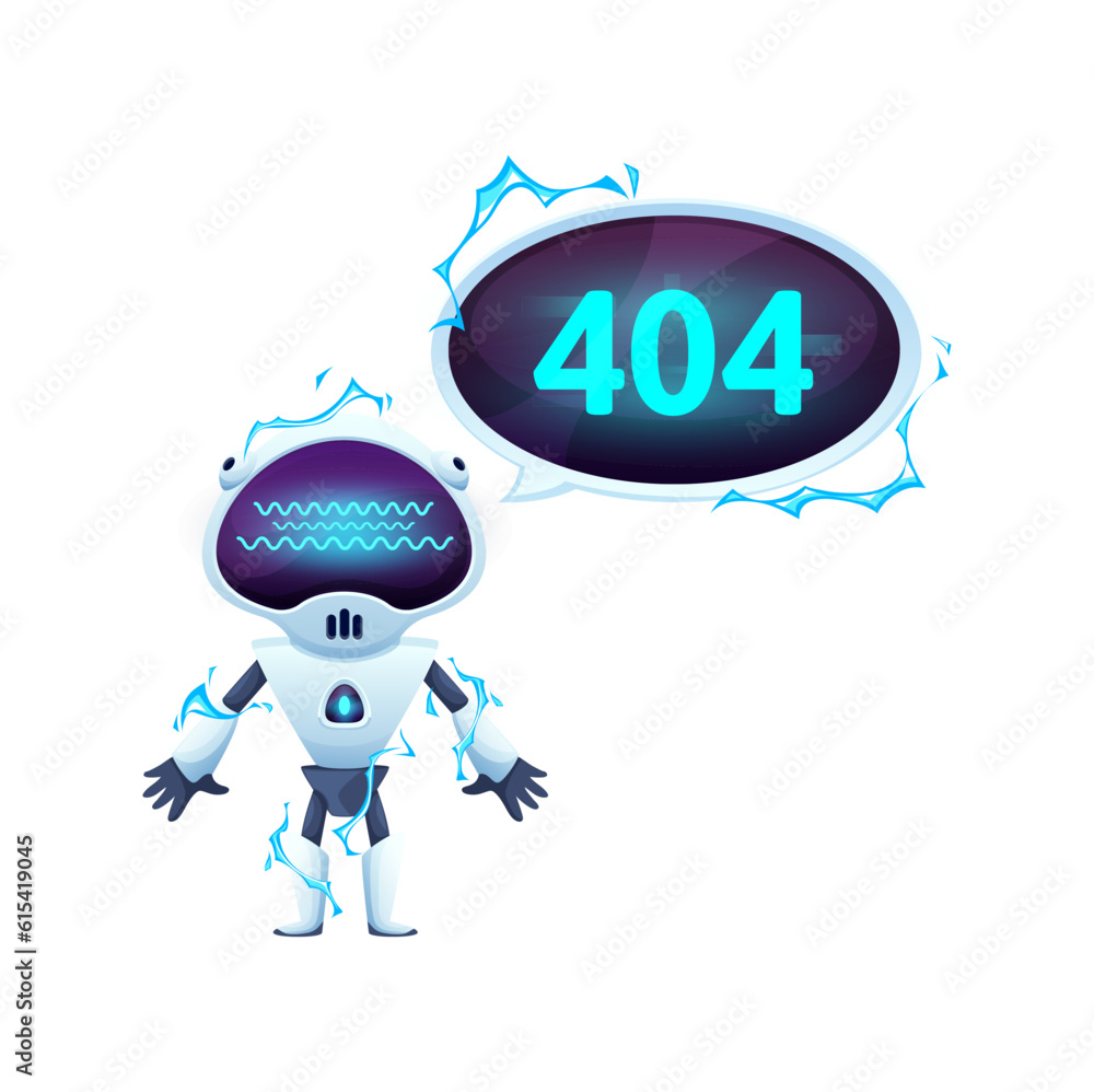 Aufkleber 404 Page with cartoon screen and robot under high voltage. Vector error message, encouraging users to keep exploring. Website page not found with broken chatbot, disabled droid with electricity shock