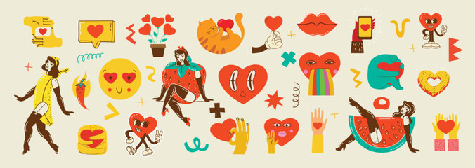 Obraz premium Groovy hippie love sticker set. Retro happy Valentines day. Comic happy heart character in trendy retro 60s 70s cartoon style. Retro characters and elements.