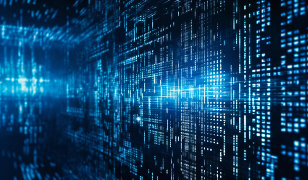 a matrix code is on a blue background