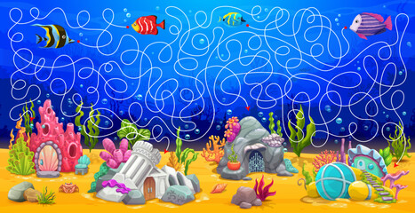 Labyrinth maze game, cartoon underwater house buildings in sea landscape, vector kids worksheet. Find path way for fishes to ocean or sea house shelters in corals or boat in labyrinth maze puzzle