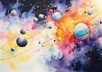 A watercolor painting of the galaxy with the planets.