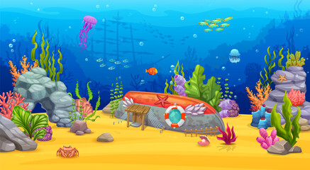 Cartoon underwater landscape, sea bottom with corals, reefs and jellyfish, vector background. Undersea fish shoal, sunken boat house dwelling of marine creature with seaweeds, underwater shelter