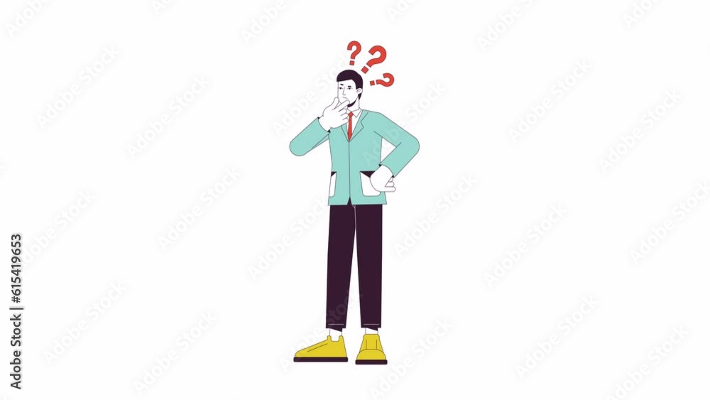 Aufkleber brainstorming employee animation. animated cartoon thinking man question marks. isolated colour flat