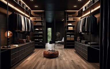 A luxury wardrobe room full with clothes with sofa.