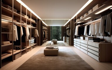 A luxury wardrobe room full with clothes with sofa.