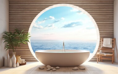 Fototapeta na wymiar Luxury bathroom with a bathtub at the seaside view.