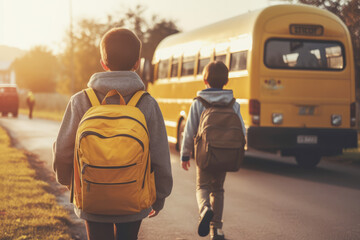School children wearing backpacks walk towards a school bus to take them to class. Back to school