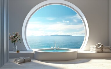 Fototapeta na wymiar Luxury bathroom with a bathtub at the seaside view.