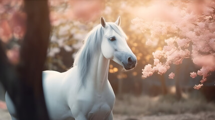 white horse in beautiful sprint pink flower background created with Generative AI