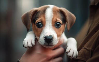 Man hug a jack russell terrier puppy.