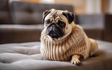 Pug wearing cloth sit on sofa.