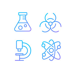 Laboratory research pixel perfect gradient linear vector icons set. Medical lab equipment. Chemical experiment. Thin line contour symbol designs bundle. Isolated outline illustrations collection