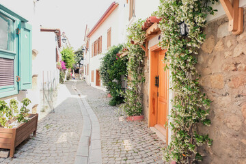 Fototapeta na wymiar Sigacik streets, flowery colorful doors, seaside town, quiet summer holiday, flowery streets, Seferihisar, Izmir, Turkey